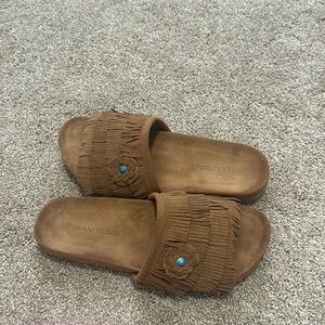 Manitobah Brown Suede Slide Sandals with Fringe and Turquoise Accent